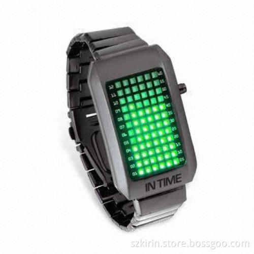 Fashion Watch, Alloy Black Plate Case and Bracelet, Stainless Steel Back/Buckle, Binary LED Movement